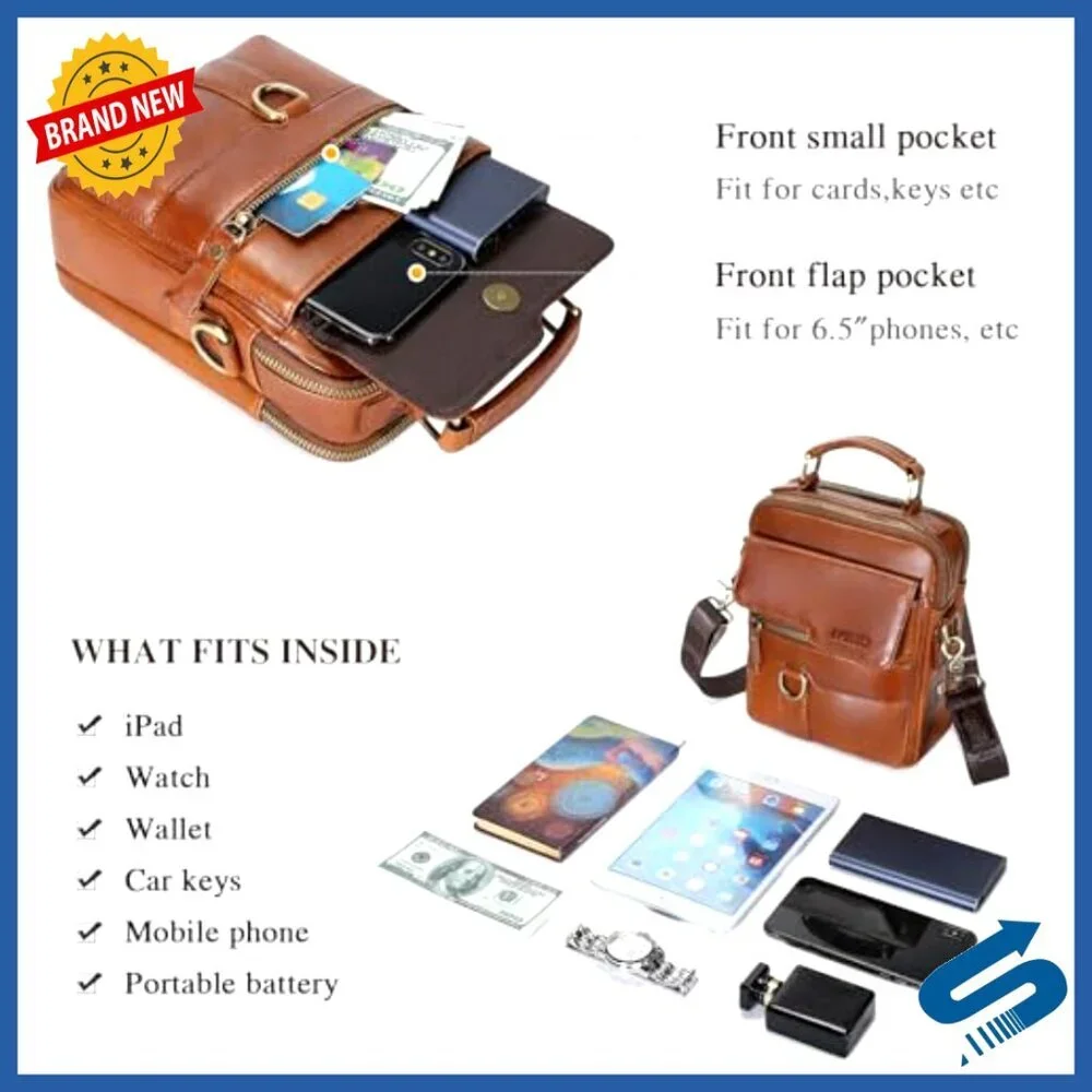 Genuine Leather Messenger Bag for Men, Crossbody Shoulder Bag with Multiple